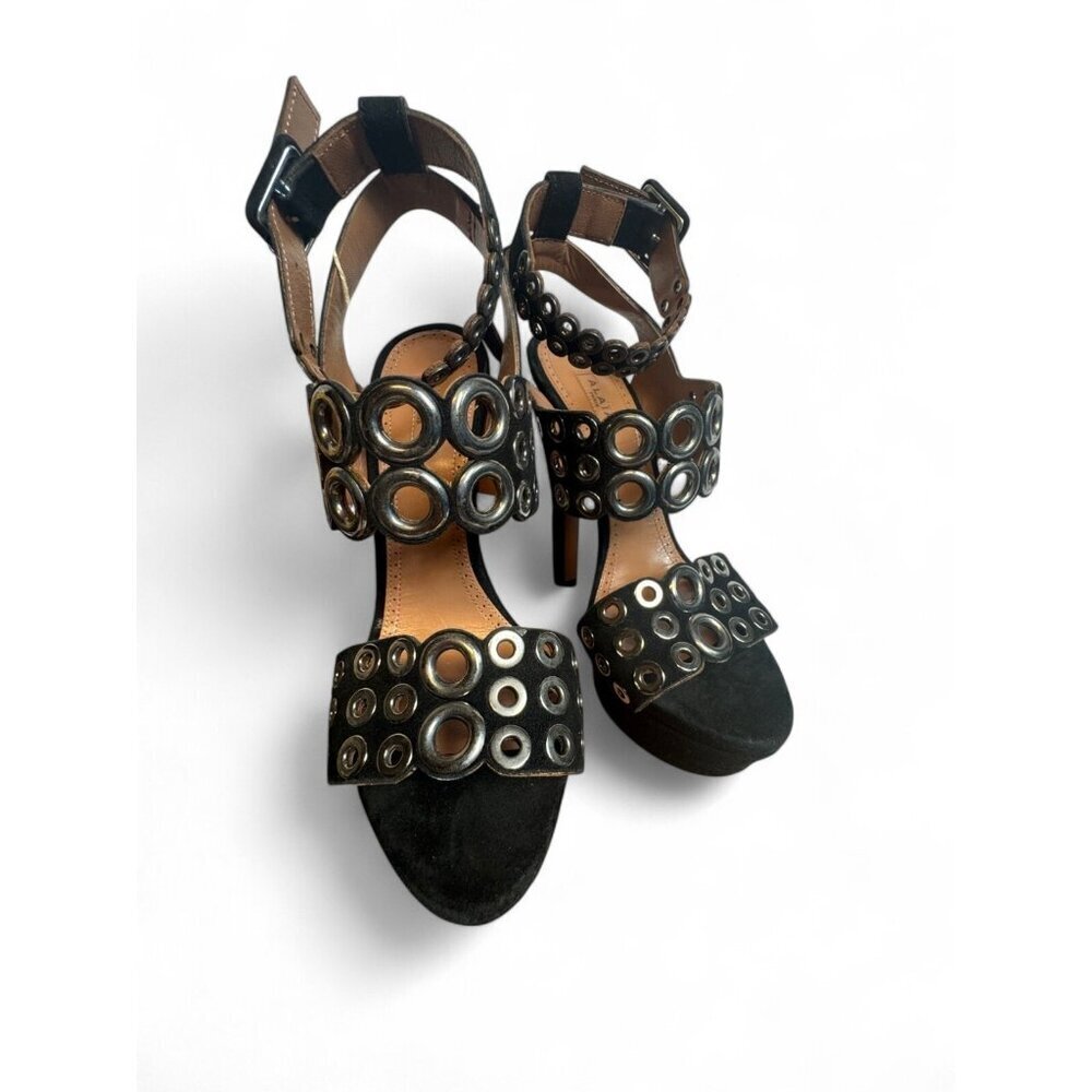 ALAÏA Paris Black Suede Grommet Platform Sandals Shoes 38.5 / US 8.5 NIB